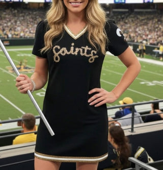 New Orleans Saints Black & Gold Glitter Script Tinsel Dress SASH Clothing Bar New Orleans Saints Black & Gold Glitter Script Tinsel Dress SASH Clothing Bar