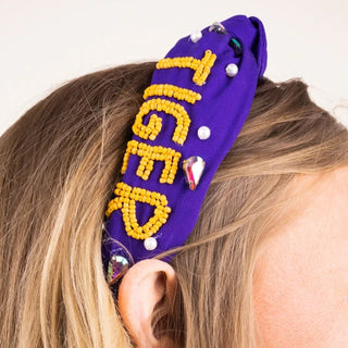 Tiger Purple Beaded Headband with Pearls 