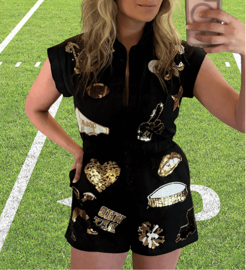 Saints Black & Gold Sequin Game Day Romper L Saints Black & Gold Sequin Game Day Romper L