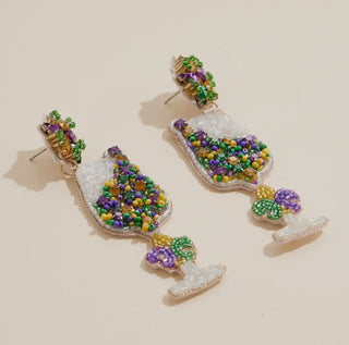 Mardi Gras Wine Glass Beaded Earrings