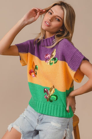 Mardi Gras Sequin Sweater Top 