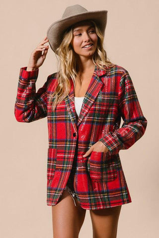 Sequin Christmas Plaid Blazer 