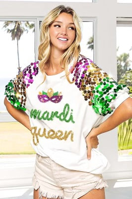 Queen of Mardi Sewn Letters Short Sequin Sleeve Top 