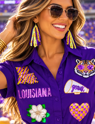 Purple & Yellow Gold Fringe tassel Earrings
