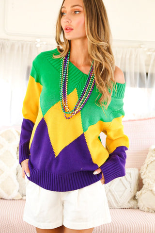 Mardi Gras Argyle Pattern Sweater