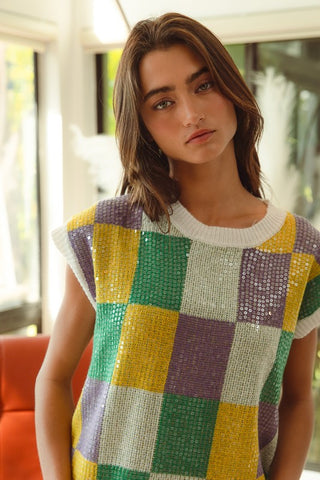 Mardi Gras Sequin Checkered Sweater Tank