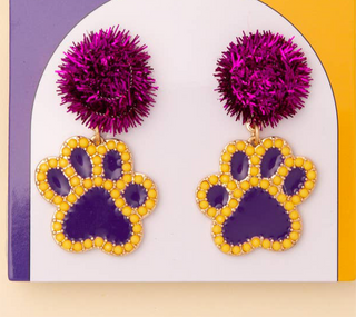 Tiger Earrings with Pompom and Rhinestones