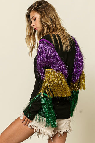 Tinsel Fringe Sleeve Mardi Gras Top