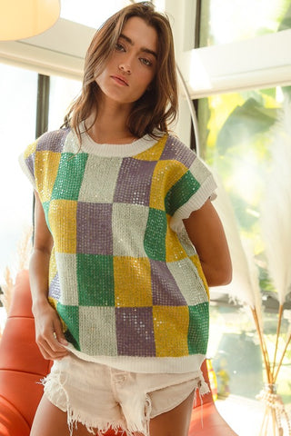 Mardi Gras Sequin Checkered Sweater Tank