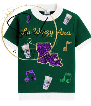 La Weezy Ana Mardi Gras Sequin Short Sleeve Top Sash clothing bar