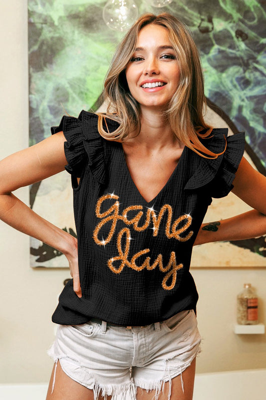Black & Gold game day ruffle sleeve top