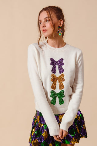 Sequin Bows Mardi Gras Sweater -