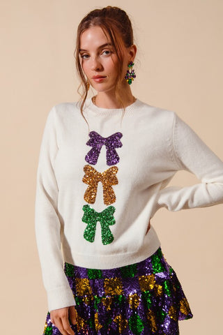 Sequin Bows Mardi Gras Sweater -