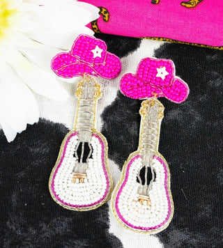 Pink Nashville Guitar beaded Earrings 