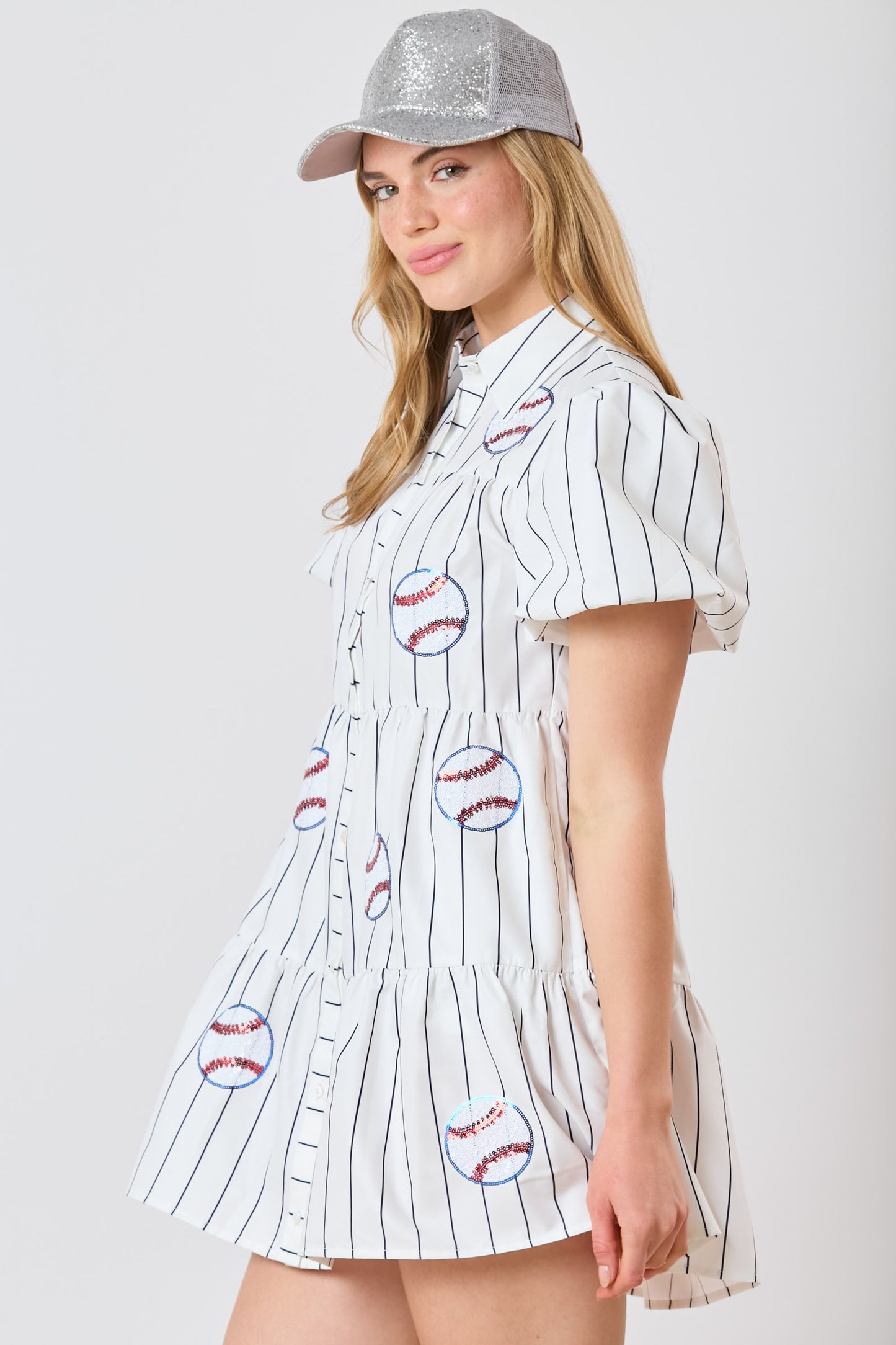 Baseball Sequin Patch Striped Dress