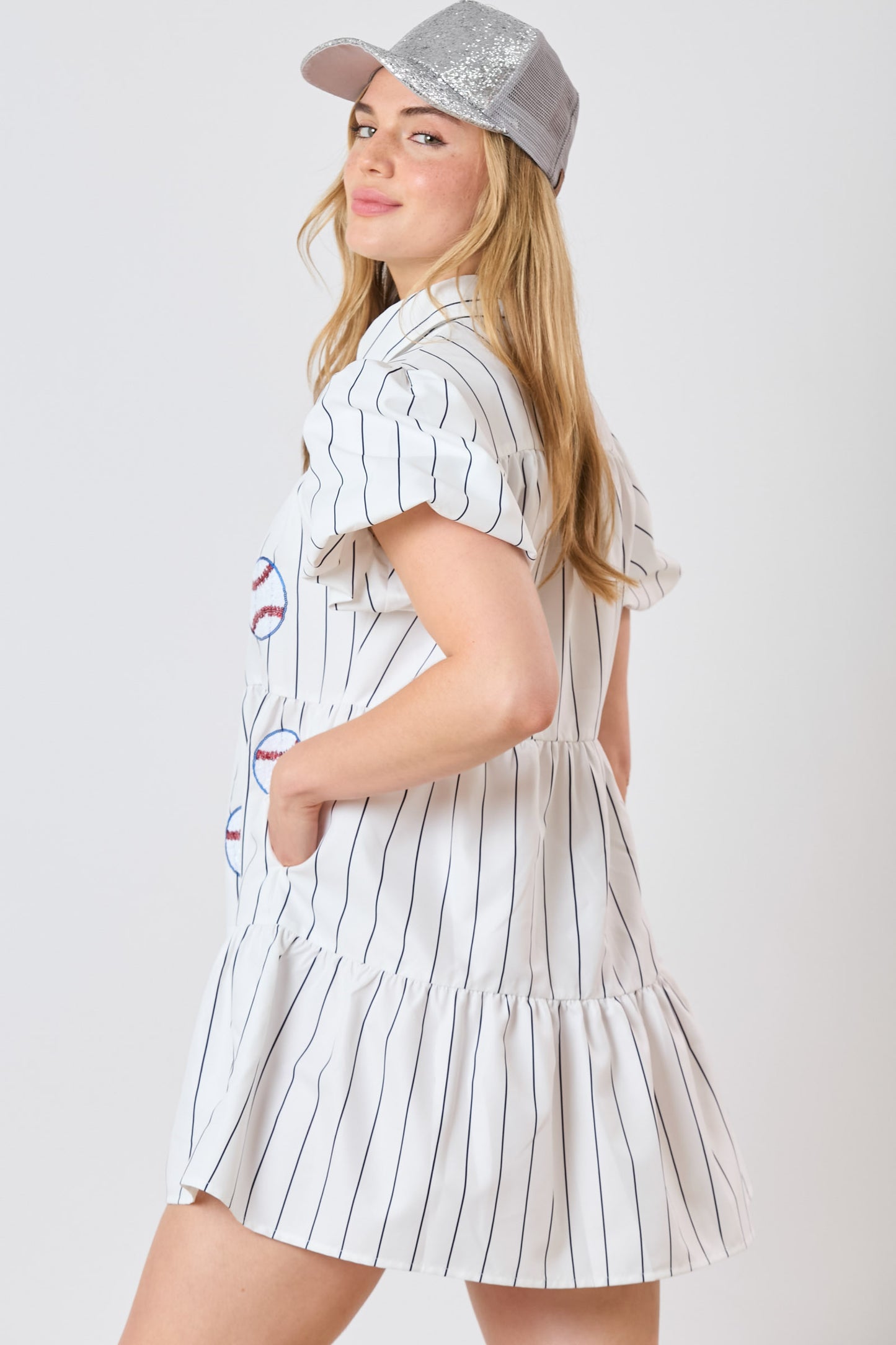 Baseball Sequin Patch Striped Dress