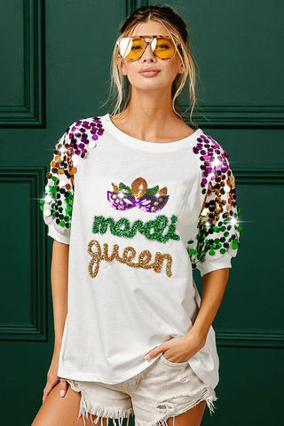 Queen of Mardi Sewn Letters Short Sequin Sleeve Top