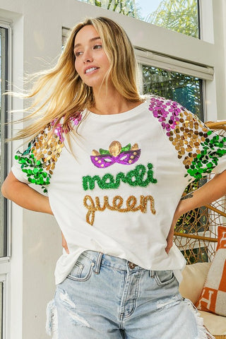 Queen of Mardi Sewn Letters Short Sequin Sleeve Top