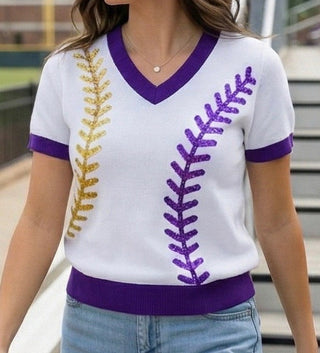 Baseball Sequin Sweater Top Purple and Gold