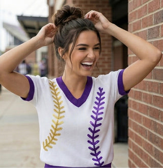 Tigers Baseball Sequin Sweater Top Purple and Gold