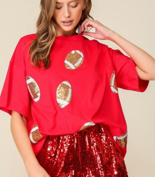 Sequin Football  Game Day Top Red 