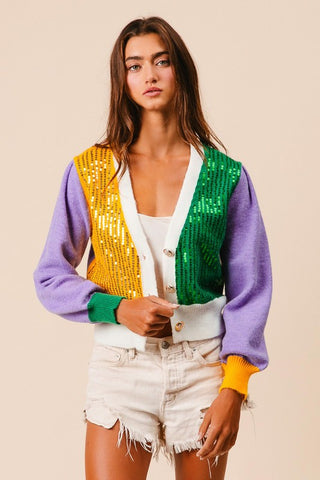 Mardi Gras Sequin front Cardi 