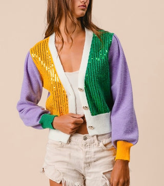 Mardi Gras Sequin front Cardi 