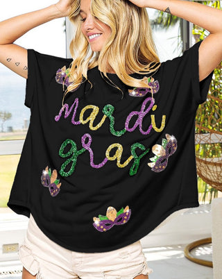 Mardi Gras Cursive Letter Tinsel Sequin Mask Shirt 