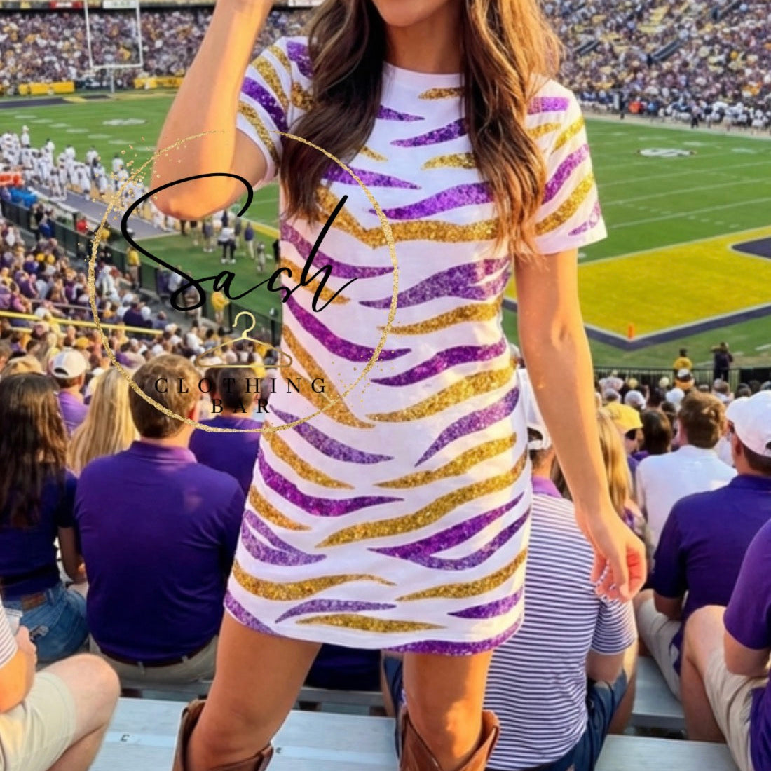 lsu purple and gold dresses Tiger Striped Sequin Purple and Gold Dress L