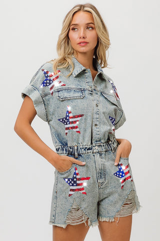 Sequin Star Denim Romper 