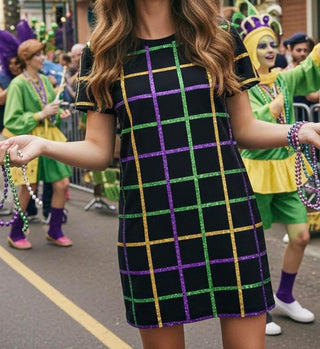 Mardi Gras Plaid Stripes Sequin T-Shirt Dress