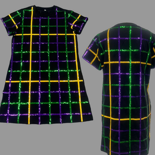 Mardi Gras Plaid Stripes Sequin T-Shirt Dress