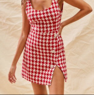 red and white checkered dress tweed