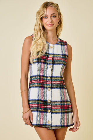 Plaid Tweed Holiday Dress with Gold Buttons -