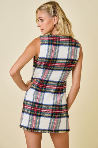Plaid Tweed Holiday Dress with Gold Buttons -