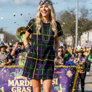 Sequin mardi gras striped plaid dress
