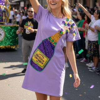 purple dress with Mardi Gras sequin champagne bottle 