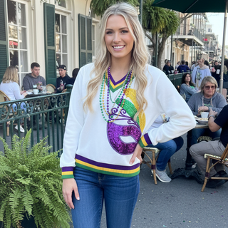 Sequin mardi gras mask sweater