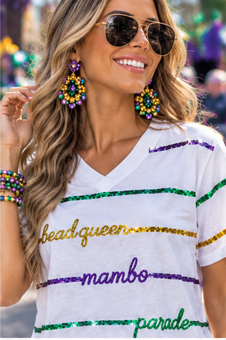 Mardi Gras Sequin Lines Bead Queen Mambo Shirt