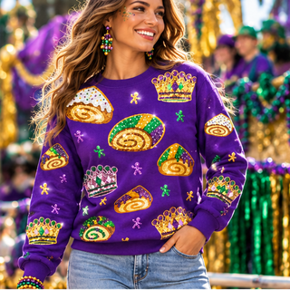 sequin king cake sweatshirt mardi gras