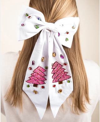 Christmas Tree Jeweled Bow Hair Barrette 