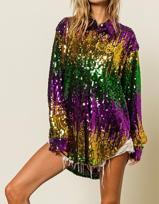 Mardi Gras Button Up Sequin Ombre Shirt 