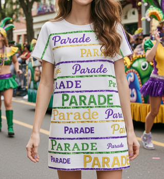 Mardi Gras Parade Lines Embroidered T-Shirt Dress