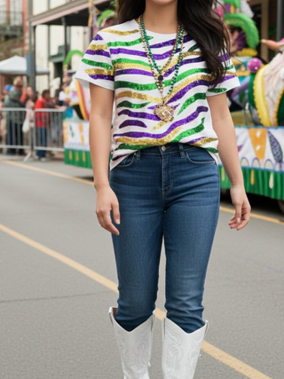 Mardi Gras Tiger Stripe Sequin T-Shirt