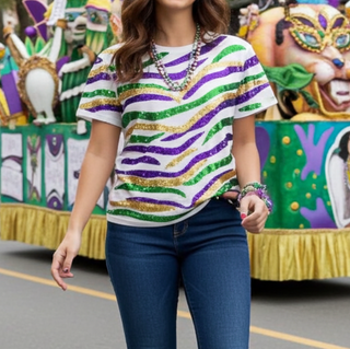 purple green and gold sequin tiger print  shirt