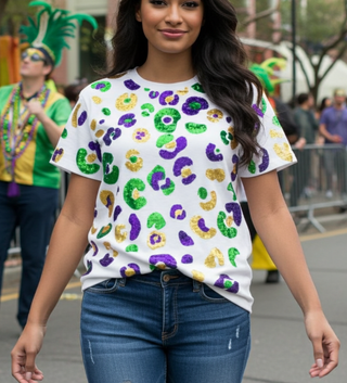 sequin leopard mardi gras t-shirt
