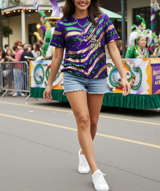 Mardi Gras Purple Tiger Stripe Sequin T-Shirt