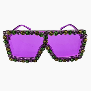 Purple Mardi Gras sunglasses with gemstone-encrusted frames 