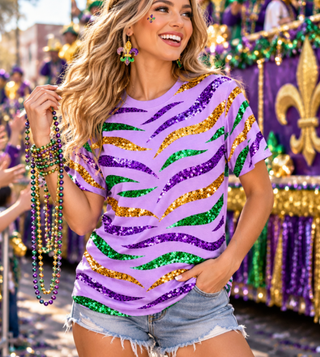 Mardi Gras Sequin Tiger Stripe T-Shirt