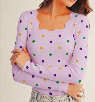 Mardi Gras Confetti Scalloped Neckline Knit Top